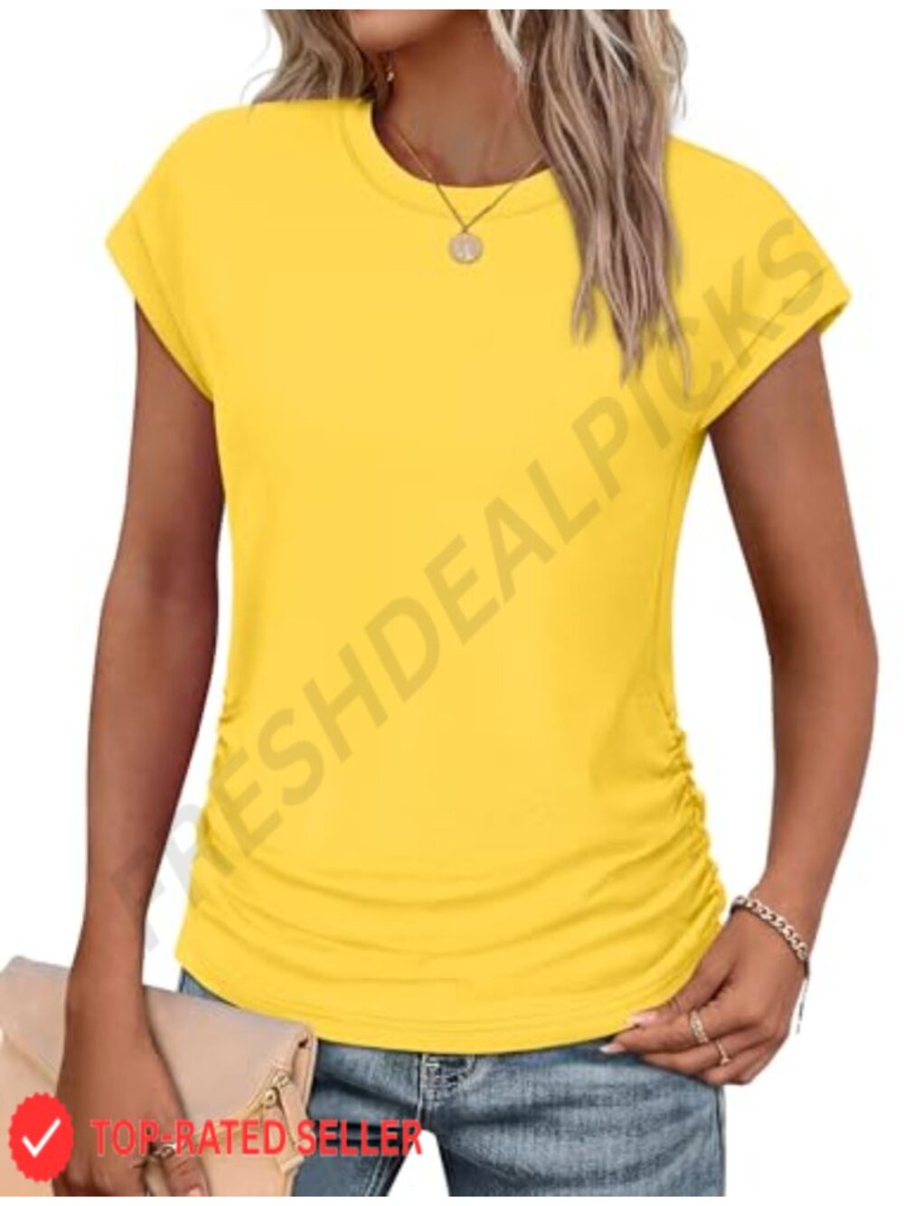 Womens Ruched Cap Sleeve T-Shirt Crew Neck Summer Top Blouse